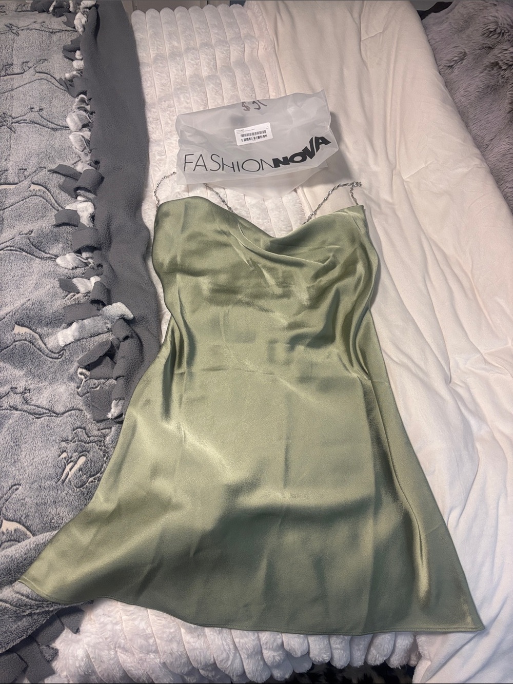 Fashion Nova Satin Cowl Mini Dress in Olive